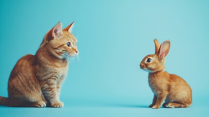 Poster - Ginger cat and rabbit playing together Happy red pets isolated on blue : Generative AI