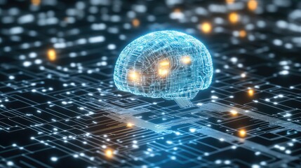 Poster - Futuristic AI concept with data streams and circuit-like connections forming an artificial brain.