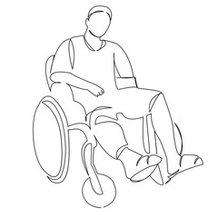 One continuous single drawing line art doodle male, disabled, wheelchair, man, people. Isolated flat illustration hand draw contour on a white background
