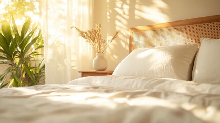 A bedroom bathed in warm sunlight, featuring cozy white bedding, a wooden headboard, and decorative plants, creating a serene and inviting atmosphere.