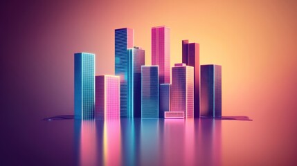 Sticker - A vibrant, futuristic city skyline with colorful, illuminated buildings at dusk.