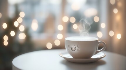 Aufkleber - A cup of hot coffee with steam stands on a white table in a festively decorated cafe. : Generative AI