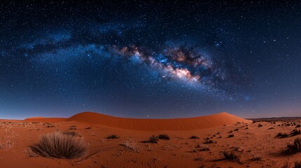 Milky Way Over Desert Dunes: A breathtaking panorama of the Milky Way galaxy illuminating the vast, red sand dunes of a desert landscape. The star-filled sky creates a sense of awe and wonder.