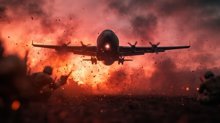 An intense image captures a large airplane flying low over a battlefield scene, surrounded by a vivid fire explosion, creating a dramatic atmosphere.