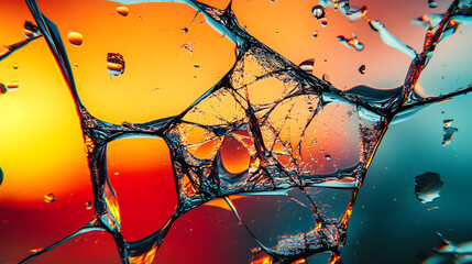 Sticker - A close-up of a shattered glass window with droplets of water on the surface, against a red and yellow background