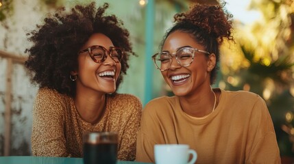 Two women with bright smiles share laughter at an outdoor cafe, captured in a moment of happiness and companionship, with warm lighting suggesting comfort and ease.