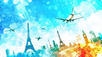 Wall Mural - A vibrant illustration of iconic landmarks and airplanes, symbolizing global travel and exploration.