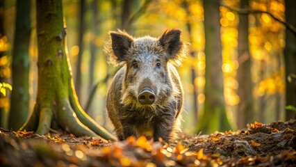 Sticker - Wild Boar Portrait in Autumnal Forest, with Golden Light Filtering Through the Trees