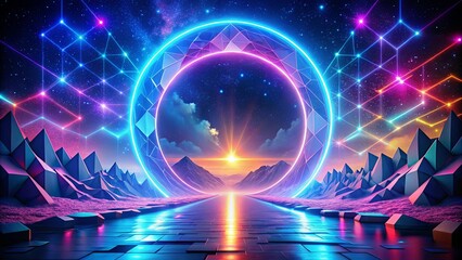 Wall Mural - A Futuristic Landscape With A Glowing Ring-Shaped Portal Leading To A Distant Sunrise Over Geometric Mountains