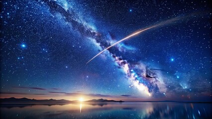 Wall Mural - A shimmering celestial tapestry of stars, a comet's streak across the cosmos, and the tranquil reflection of the night sky in a still lake create an ethereal scene of cosmic beauty.