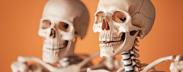 Two smiling skeletons on an orange background, capturing a playful and whimsical spirit of the human anatomy.
