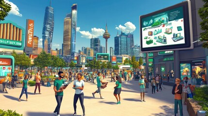 Canvas Print - A bustling urban scene with people engaging in activities amidst skyscrapers and greenery.