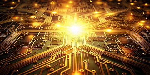 A radiant golden circuit board with interconnected pathways and glowing points of light, symbolizing the flow of digital information