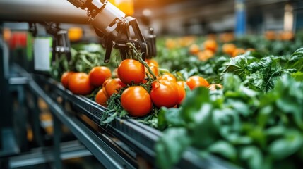 Advanced robotic arm efficiently picks ripe red tomatoes from an automated conveyor belt, symbolizing innovation in agriculture and modern harvesting technology.