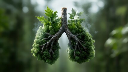 This image depicts a creative representation of lungs formed by trees in a forest, symbolizing the connection between nature and human life through respiration.