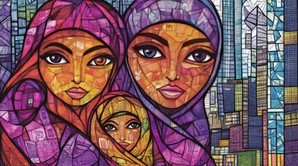 Sticker - A vibrant illustration of three women in colorful attire, symbolizing unity and culture.