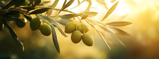 A close-up of green olives hanging from an olive tree branch, with leaves and branches in the background