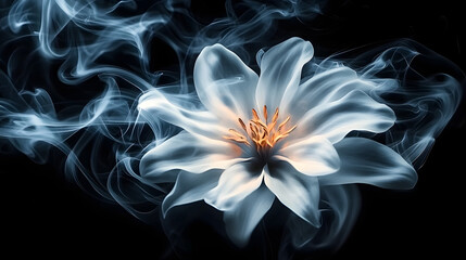 Sticker - A white flower on a black background with smoke rising from its center, surrounded by petal smoke