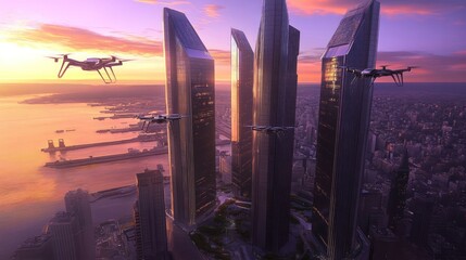 Sticker - Futuristic cityscape with drones and skyscrapers at sunset over water.