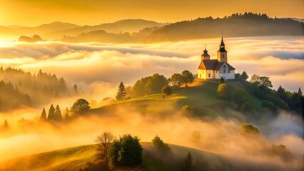 Sticker - A lone church stands tall amidst rolling hills, bathed in the warm glow of a rising sun, its silhouette framed by a sea of mist that dances across the landscape.