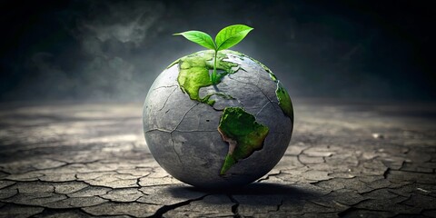 Canvas Print - A fragile world, a cracked globe, a small sprout pushing through the fissures, a symbol of hope for the future.