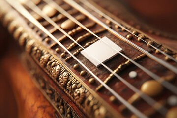 A guitar with a gold and silver design on the neck