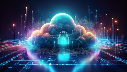 Poster - A vibrant, futuristic cloud formation with neon colors and digital elements, representing advanced technology and data.