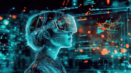 Poster - A futuristic depiction of a person wearing VR goggles amidst digital data and visuals.