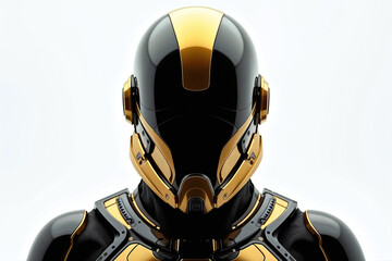 Futuristic military armed special forces next generation protection helmet equip with hi-tech electronics and ai. Airforce fighter jet pilot stylish black and gold head gear, smart sleek full visor.