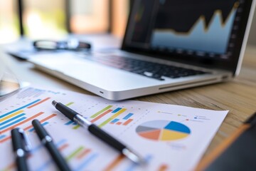 A laptop displays colorful charts and graphs while papers with financial data and pens lie on a wooden desk, capturing a focused work environment.