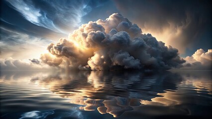 Sticker - A celestial tapestry unfolds as a vast, brooding storm cloud hangs heavy over a serene, still water surface, with the golden rays of the setting sun illuminating the scene