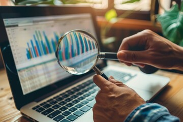 Poster - A person holds a magnifying glass over a laptop displaying colorful financial graphs, focused on understanding data trends in a well-lit workspace.
