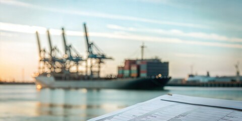 Close-up of customs declaration form with international harbor in the background






