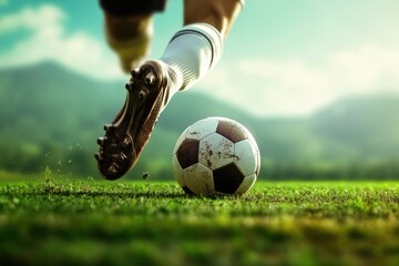 Close-up of a player's foot striking a soccer ball on a grassy field during a sunny day