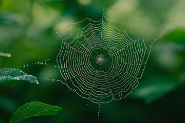Wall Mural - intricate spider web with dew reflecting morning ecosystem