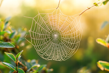 Wall Mural - intricate spider web with dew reflecting morning ecosystem