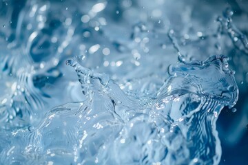 Poster - Clear water droplets cascade and splash in a serene outdoor environment, reflecting soft light and creating a calming and refreshing ambiance.