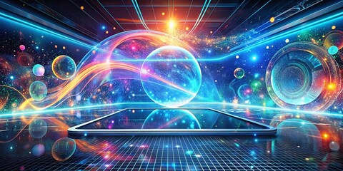 Wall Mural - The Digital Horizon An Expansive Landscape of Glowing Orbs, Intertwined with Swirling Light Trails, and Reflected in a Futuristic, Gridded Surface