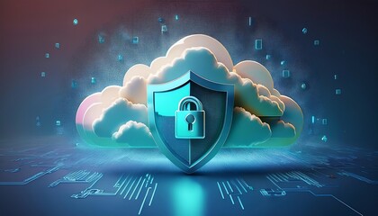 A digital representation of a secure cloud environment featuring a shield and padlock, symbolizing data protection and cybersecurity.