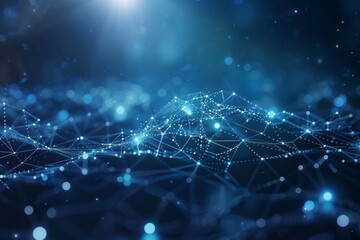 Fototapete - A vibrant digital landscape showcases interconnected nodes and lines, emitting a soft glow against a dark background, illustrating data flow and connectivity.