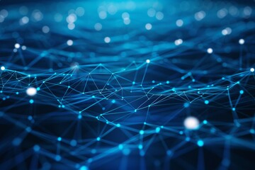 Fototapete - The visual displays a vast array of interconnected lines and nodes illuminated in blue, illustrating a digital network beneath a starry night sky.