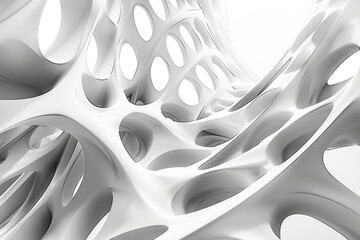 Poster - The artwork showcases a sweeping, abstract form composed of white, organic shapes featuring circular voids, creating a dynamic and futuristic atmosphere with ample light.