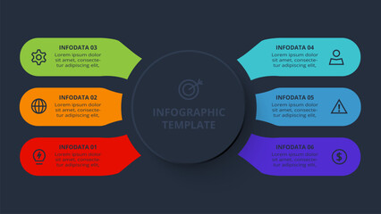 Strategy concept for infographic with 6 steps, options, parts or processes. Template for web on a black background.