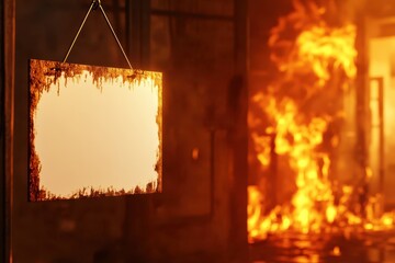 Wall Mural - A sign hanging from a fire is lit up in the night sky