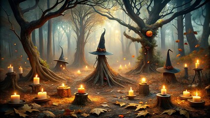 Canvas Print - Enchanted Forest Path Lit by Glowing Candles and Witch Hats