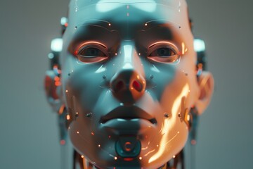 Poster - A close-up view of a robotic face showcasing intricate details, glowing elements, and advanced technology in a modern studio environment, emphasizing its futuristic design.