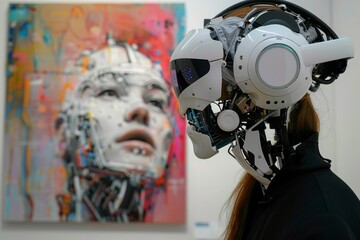 Poster - a robotic figure stands in a modern gallery, intently observing a colorful artwork that depicts a hu