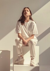 Poster - Girl wearing white t shirt mockup clothing sitting apparel.