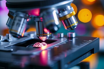 A microscope focuses on a specimen under its lenses, illuminated by colorful lights in a nighttime laboratory, showcasing intricate details and scientific exploration.