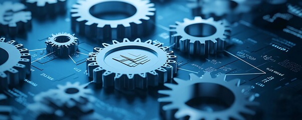 Poster - macro view of interconnected gears labeled with economic terms, representing complex policy mechanis